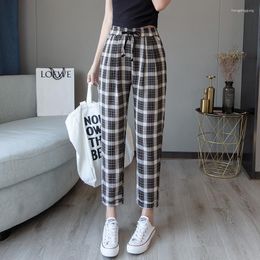 Women's Pants Japanese Harajuku Summer Women Capris High Waist Plaid Pockets Harem Drawstring Vintage Elegant Female Casual Loose