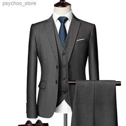 (Jacket + Vest + Pants) Men's Suit Three-piece Suit New Solid Colour Slim-fit Boutique Business Fashion Men's Clothing Suit Set Q230828