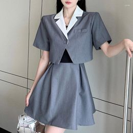 Work Dresses Korean Style Two Piece Set Women Elegant Short Sleeve Blazer Crop Coat Strap Mini Sets Female Casual Vintage Dress Suit