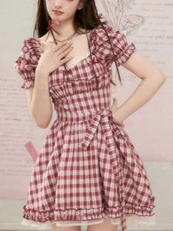 Summer Red Plaid Korea Sweet Dres Puff Sleeve France Elegant Party Mini Dress Square Collar Lolita Cute Female 230808