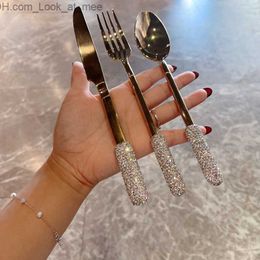 Luxury Diamond Cutlery Stainless Steel Fork Spoon Knife Gold Silver Silverware Tableware Home Kitchen Dinnerware Wedding Supply Q230830