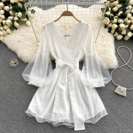 Casual Dresses Fashion Spring Summer Women White Dress Temperament Lace V Neck Long Sleeve Solid Tulle Elegant Simple Female Vestidos With