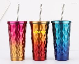 Mugs 30pcs/lot 500ml 304 Stainless Steel Diamond Shaped Straw Cup Outdoor Portable Car Coffee Mug