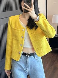 Women's Jackets Korean Fashion Elegant Tweed For Woollen O-neck Long Sleeve Single Breasted Pockets Short Coat Autumn Winter Outwear Y2k