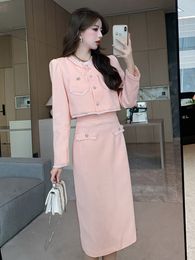 Two Piece Dress Korean Sweet Small Fragrance 2 Set Outfit High Quality Fall Winter Fringed Jacket Coat Long Skirt Suits 230828