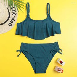 Women's Swimwear Plain Ribbed Flounce Girl Swimsuit Kids Tie Side Two Piece Children's 7-14 Years Teen Bikini Set Bathing Suit Beachwear