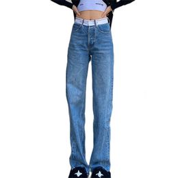 Womens Jeans Top Quality Fashion Korean Version Blue WomenGirl High Waist Letter Webbing Splicing Straight Type Cowboy Pants 230826