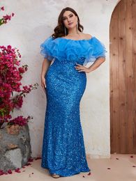 New Long Blue Mermaid Mother Of The Bride Prom Dresses Evening Sequined Appliques Floor Length Overskirts Train Formal Wear Special Ocn Dress 403