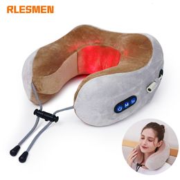 Massaging Neck Pillowws RLESMEN U Shaped Electric Massage Pillow Memory Foam Soft Neck Massager Sleeping Travel Airplane Pillows Cervical Health Care 230828