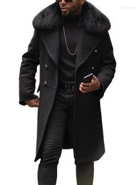 Men's Trench Coats Black Collar Woolen Cloth Solid Color Slim Fitting Casual Long Coat With Double Breasted Brown Side Seam Pockets