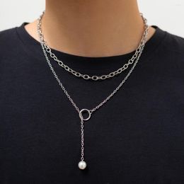 Pendant Necklaces KunJoe 2 Pcs/Set Men's Imitation Pearl Long Necklace Punk Silver Colour Cross Link Chain 2023 Gift