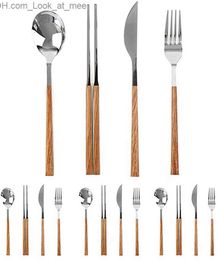 16piece Imitation Wooden Cutlery Set Korean Food Knife fork Spoon Chopsticks Wood Dinnerware Sets Tableware Cutleries Q230828