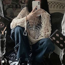 Women's Sweaters Y2k clothesY2k Spider Web Hollow Hole Design Spice Girl Hooded Pullover Knit Top Sweater Women Korean Fashion 230827