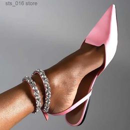 Dress Shoes Shiny Crystal Flat Heels Gladiator Sandals Women 2023 Summer Pointed Toe Pink Party Shoes Woman Plus Size 42 Ankle Straps Pumps T230828