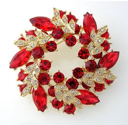 2 Inch Gold Plated Red Rhinestone Crystal Wreath Flower Brooch
