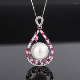 Pendant Necklaces EYIKA Luxury Women Bridal Jewelry 14mm Pearl Hollow Water Drop Necklace Blue Green Rose Red Zircon Delicate