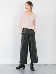 Women's Pants Women Real Leather Genuine Lamp Tousers Wide Leg High Waist Casual 2023 Fall Winter Elastic Streetwear Black Wine