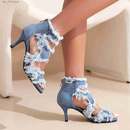 Dress Shoes Open Toe Denim Women's Sandals Ankle Strap Stiletto Peep Toe Cutout Zipper High Heels Sandals Casual Daily Shoes Plus Size 46 T230828