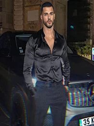 Men's Casual Shirts Royal Black Silk Satin Shirt Men Slim Fit Mens Dress Wedding Party 2023 Male S-3XL