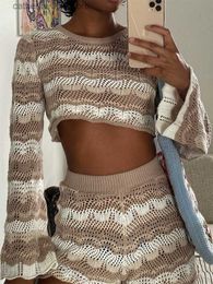 Women's Two Piece Pants hirigin Women Y2k Knit Two Piece Set Cutout Long Sleeve Crop Top Bodycon Mini Skirt Outfits Casual Party Club Streetwear Holiday T230828