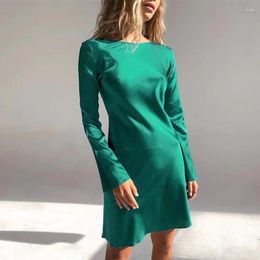 Casual Dresses Women Satin Dress A-Line Sexy Round Neck Flare Sleeves Vestidos Zipper Spring Fashion Robe Female 2023