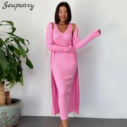 Womens Knits Tees High Quality WomenS Autumn Solid Colour Knit 2 TwoPiece Long Cardigan Sexy VNeck Slim Sweater Dress Set 230826