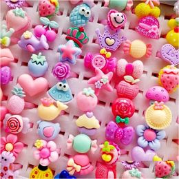 Band Rings Newest 200Pcs/Lot Childrens Cartoon Charm Finger Jewellery Frosted Heart Shape Animals Flower Baby Girl Tangible S Kid Drop D Dhg9O