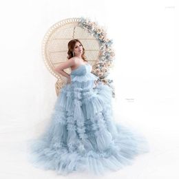 Casual Dresses Unique Light Blue Ruffles Tiered Tulle Maternity Pretty Strapless Sleeveless Pregnancy Gowns To Po Shoot Plus Size