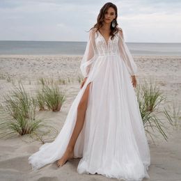 Urban Sexy Dresses Beach Boho V neck Tulle Wedding Dress Long Puff Sleeves High Slide Appliques Bridal Gown Custom Made For Women Robe De Mariage 230828