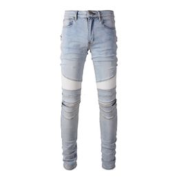 Mens Jeans EU Drip Bikers Light Blue Streetwear Distressed Ribs Patchwork Ripped Sides Zippers 230828