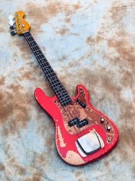 Custom Electric Bass Guitar, 4 String, Aged Relic Candy Apple JAZZ, Red, High Quality, Best Price