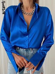 Pants Elegant Satin Long Sleeve Blouses Women 2022 Vintage Blue Green Silk Shirt Women Casual Loose Button Up Female Shirts Tops