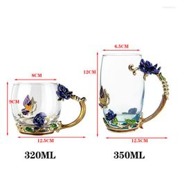 Mugs Blue Rose Enamel Crystal Tea Cup Coffee Mug Butterfly Flower Water With Spoon Drinkware Glass Lover Wedding Gift