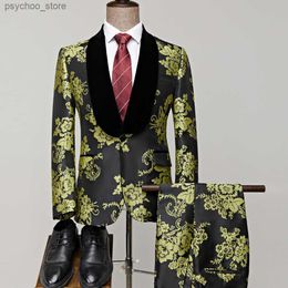 2022 Latest Coat Pant Slim Fit Party Wedding Suits For Men Green Yellow Jacquard Shawl Lapel Groom Tuxedos Come Q230828