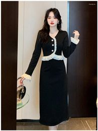 Casual Dresses Fashion Elegant Lady Black Midi-length Dress For Women Long Sleeve Ruffles Trim Slim One Piece