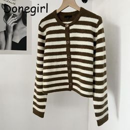 Womens Knits Tees Donegirl Women Autumn Striped Knitted Sweater Causal Simple Single Row Button Cardigans Short Coat Female Tops Chic 230826