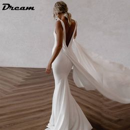 Urban Sexy Dresses DREAM Deep V Neck Crepe Detachable Train Mermaid Wedding Dress 2023 Plain Sleeveless Open Back Simple Bridal Gowns Elegant 230828