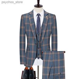 Blazers Pants Vest Set 3 Pieces Set / 2023 Men's Business Casual Fashion Three Piece Plaid Suit Jacket Coat Trousers Waistcoat Q230828