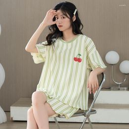 Women's Sleepwear Summer Pure Cotton Young Pajama Sets Pyjamas Light Green Striped Kawaii Cherry Girl Loungewear Pijama Mujer