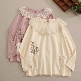 Women's Blouses Autumn Sweet Mori Style Embroidered Base Top T Shirt Women Long Sleeve Elastic Casual Tops 823-406
