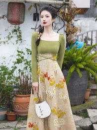 Casual Dresses Chinese Syle Vintage For Women Green Knitted Square Neck Printed Patchwork Chic Elegant Dress Female Autumn Clothing