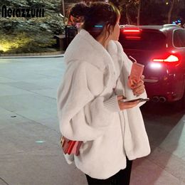 Womens Fur Faux Nerazzurri Winter white oversized faux fur jacket women with hood raglan sleeve zipper Korean fashion clothing for womens 230828
