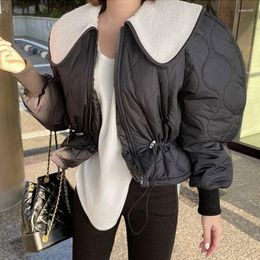 Women's Trench Coats ZCSMLL Korean Chic Lamb Wool Big Lapel Warm Cotton Padded Jacket With Drawstring Waistband Diamond Plaid Short Women