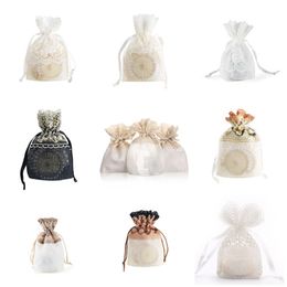 Gift Wrap 10X14CM Five Petal Flower White Lace Yarn Bag Folded Bottom Jewelry Drawstring Bag Creative Gift Slub Yarn Drawstring Pocket 230828