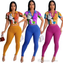 Knit Ribbed Tracksuit Women 2023 Autumn Fashion Two Piece Pants Set Cartoon Short Sleeve Polo V-neck Crop Top And Trousers 2PCS Outfits