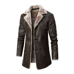 Men's Trench Coats Winter Leather Jacket Middle Long Thick Warm Business Casual Plush Lapel Solid Color Outdoor Windbreaker Male