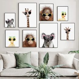 Canvas Painting Funny Animals Koala Giraffe Orangutan Duck with Glasses Posters Prints Wall Art Baby Bedroom Nursery Living Room Decor Mural No Frame Wo6