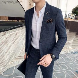 7XL (Jacket+Pants) 2023 New Men Suits 2 piece Plaid Suits Men Brand Slim Fit Groom Wedding Dress Suit Korean Business Blazers Q230828