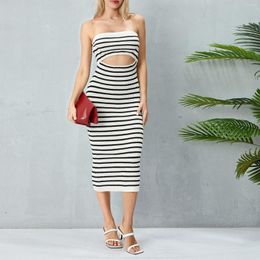 Casual Dresses Women Summer Strapless Knitted Long Dress Off Shoulder Striped Cutout Midi Bodycon Backless Party Beach Sun Y2k