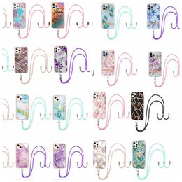 Cases For Iphone 15 Pro Max 14 Plus 13 12 11 Samsung S23 FE A24 32Designs Marble Soft IMD TPU Chromed Flower Bling Scale Plating Stone Cover Shoulder Crossybody Strap